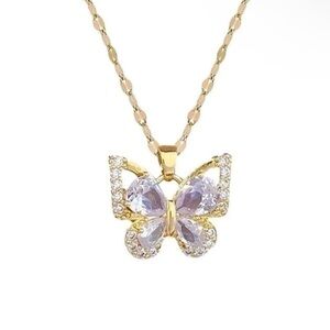 Stainless Steel Gold Butterfly Crystal Pendant Necklace